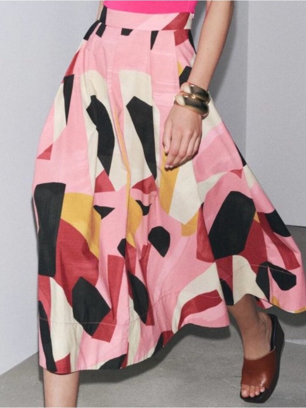 Zara Printed Midi Skirt  ZW COLLECTION Pink, Yellow Black Geometric Pattern NWT